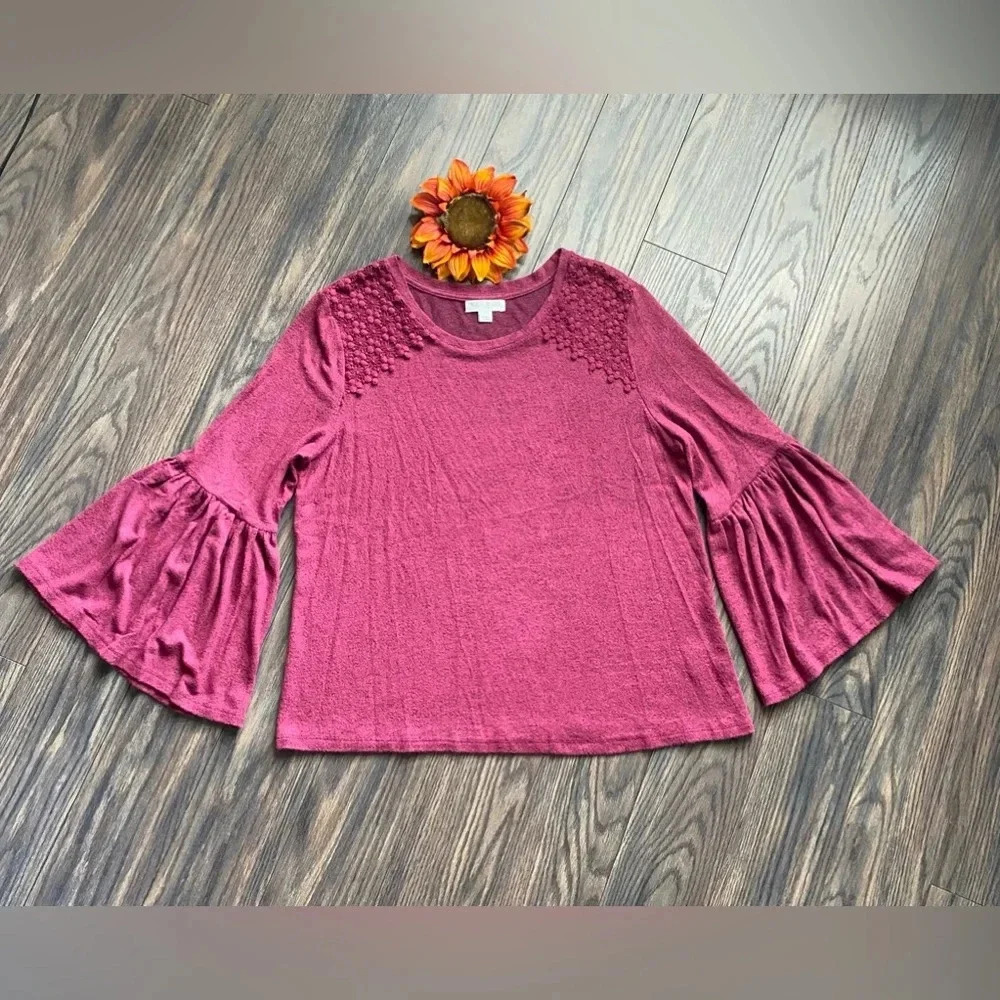 🦋B2G1🦋STUDIO JPR Red Marbled 3/4 Bell Sleeved Sweater | LARGE | - Picture 4 of 8